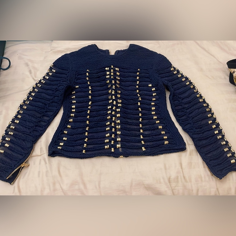 Brand new Balmain navy blue embroidered studded long sleeve